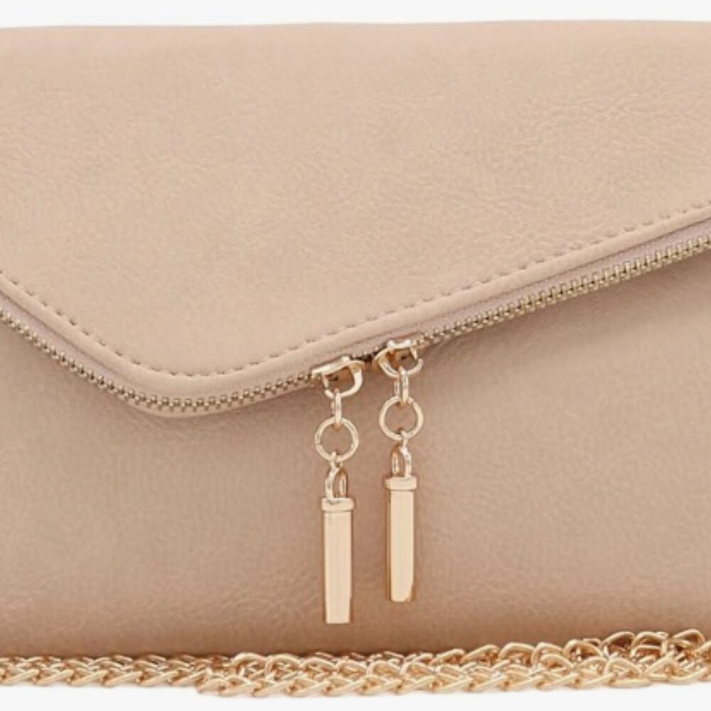 Cream Tan Nude Crossbody Purse/Bag Clutch Wristlet with Chain Strap